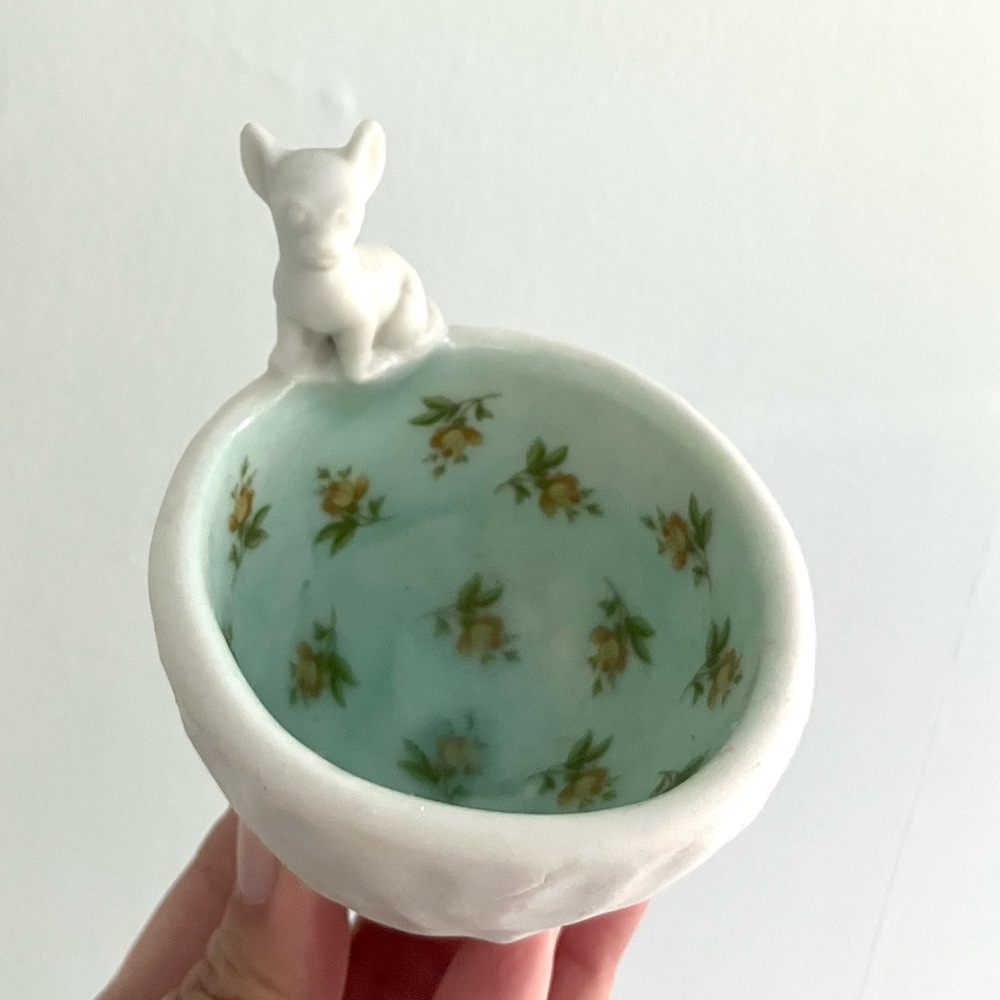 Handmade white chihuahua puppy dog mint floral pinch pot trinket dish bowl